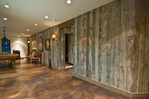 Barnwood walls and stained concrete floor. I've seen the concrete with lines drawn in it so it looks like expensive tiles. Stain it and it's beautiful. Barnwood Walls, Stained Concrete Floor, Cat Houses, Concrete Stained Floors, Barnwood Wall, Fa Fal, Basement Walls, White Oak Floors, Basement Flooring