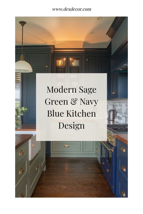 Modern kitchen with sage green and navy blue cabinetry, warm lighting, and wooden flooring. Blue And Sage Kitchen, Sage Green And Navy Kitchen, Blue Beige Kitchen, Green Kitchen Accents, Navy And Wood Kitchen, Green And Blue Kitchen, Blue And Green Kitchen, Blue Gray Kitchen, Navy Blue And Sage Green