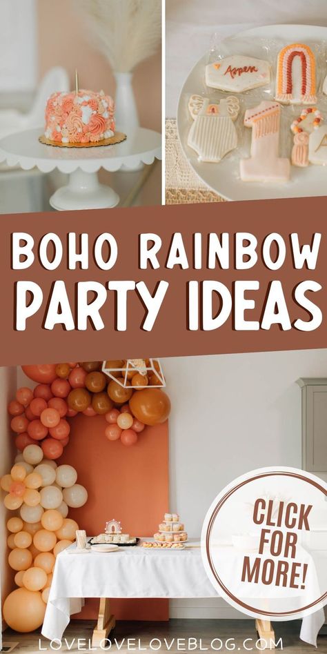 Pinterest graphic with text overlay and photo collage of boho rainbow first birthday party. Boho Rainbow First Birthday Party, Boho Rainbow Backdrop, Rainbow First Birthday Party, Boho Rainbow First Birthday, Rainbow Party Ideas, Boho Rainbow Birthday Party, Boho Rainbow Party, Rainbow Backdrop, Rainbow First Birthday