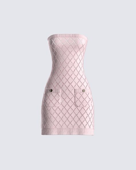 The cutest pink knit mini dress, hands down 💖 With its diamond pattern, patch pockets, and decorative buttons - this look brings classy and cozy together in a way that will make everyone wish they were you 😊 Pink Button Up Dress, Ts4 Cc Clothing Aesthetic, White Corset Dress, Celine Dress, Celine Fashion, Mini Dress Pink, Diamond Dress, Pink Knit, Pink Pattern