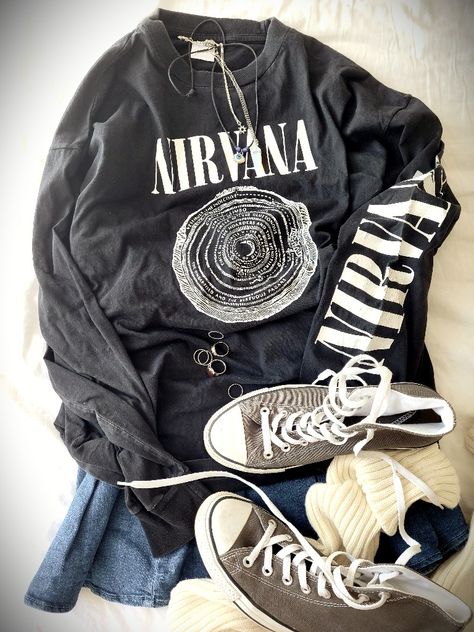 Nirvana Shirt Outfit, Nirvana Shirt, New Wardrobe, Shirt Outfit, Mens Jeans, Fitness Inspo, Varsity Jacket, Outfit Inspo, Wardrobe