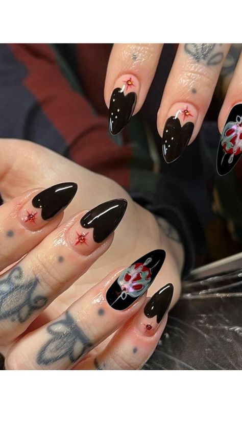 333 Nail Design, Cryptid Nail Art, American Traditional Nails, Dark Cottagecore Nails, Mothman Nails, Mitski Nails, Goth Gel Nails, Light Nail Designs, Black Short Almond Nails