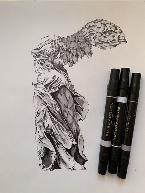 Victory Drawing, Victory Tattoo, The Winged Victory, Winged Victory Of Samothrace, Aesthetic Drawings, Winged Victory, Watercolor Pencils, Piercing Tattoo, Flower Tattoos