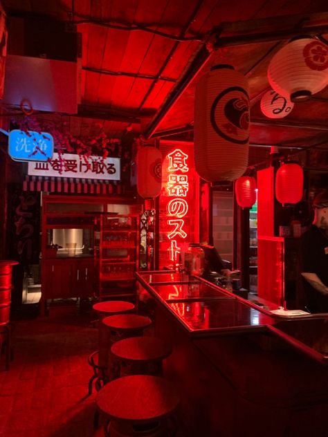 Asian Bar, Korean Bar, Japan 80's Aesthetic, Red Hotel, Japanese Bar, Restaurant Design Inspiration, Digital Photography Backgrounds, Sushi Design, Pub Design