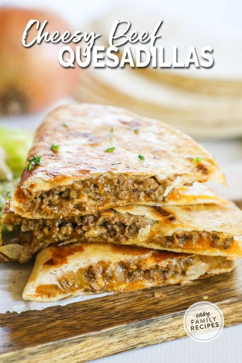 These Ground Beef Quesadillas are a simple and heart meal that the whole family will love! Juicy ground beef crumbles are seasoned to perfection, then layered with melty cheese in a perfectly golden, crisped tortilla. Enjoy as-is or customize with your favorite add-ins and toppings! Quesadilla Recipes Beef, Ground Beef Quesadillas, Asian Steak Bites, Beef Quesadillas, Creamy Pasta Bake, Bacon Guacamole, Instant Family, Healthy Ground Beef, Tortilla Recipe