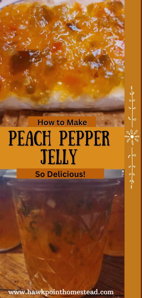 This easy and delicious peach pepper jelly recipe is a sweet, spicy peach flavored jelly that is so wonderful to serve at any get-together or just to eat alone with cream cheese and crackers! It can also be used as a delicious glaze on different meats, such as chicken and pork chops Watermelon Pepper Jelly Recipe, Jalapeño Peach Jelly, Strawberry Peach Jelly, Rhubarb Pepper Jelly, Peach Pit Jelly, Hot Peaches Recipe, Peaches And Cheese, Peach Pepper Jelly Recipe Easy, Peach Peel Jelly Recipe