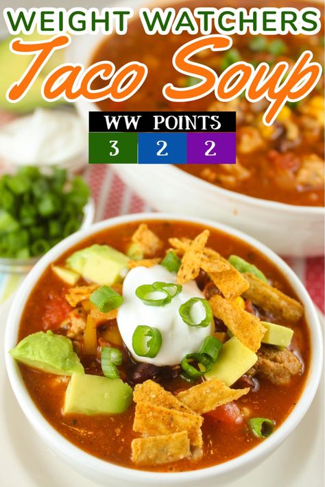 This Weight Watchers Taco Soup recipe is going to keep you warm and losing weight this winter! I was able to keep the points down by using all your favorite ingredients but also a few key swaps. This easy Taco Soup recipe also has some extra zip from a packet of ranch seasoning! Weight Watchers Soups And Stews, Weight Watchers Cheesy Taco Soup, Taco Soup Recipe With Ranch Packet, Ww Taco Soup Recipe, Ww Taco Soup, Weight Watchers Taco Soup Recipe, Soup With Ground Turkey, Weight Watchers Taco Soup, Ww Soup