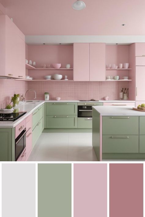 Pink Green Kitchen, Pastel Pink Kitchen, Pink And Green Kitchen, Room Palette, Trendy Kitchen Design, Kitchen Cute, Pink Cabinets, Vibrant Kitchen, Kitchen Background