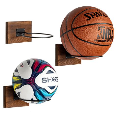 PUERSI Ball Holder Wall Mount Set of 3, Ball Storage Display Wood & Metal for Basketball Football Soccer Volleyball, Rustic Brown : Amazon.co.uk: Sports & Outdoors Volleyball Bedroom, Ballon Basket, Baseball Themed Bedroom, Basketball Holder, Room Clutter, Sports Room Decor, Basketball Room, Basketball Display, Sport Bedroom