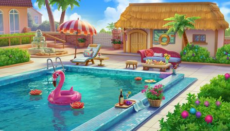 ArtStation - Swimming pool Hawaii Games, Swimming Pool Art, Swimming Pool Games, Pool Art, Concept Art Tutorial, Cartoon House, House Games, Magical Home, Casual Art