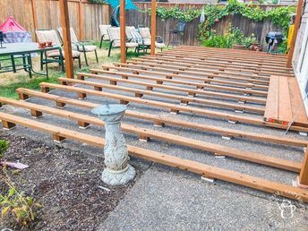 DIY: Turning a Concrete Slab Into a Covered Deck - Catz in the Kitchen Building Deck Over Concrete Patio, Deck On Concrete Patio, Build A Deck Over Concrete Patio, Concrete Slab Makeover, How To Build A Deck Over Concrete Patio, Build Deck Over Concrete Patio, Deck On Concrete, Deck Over Patio, Deck Over Concrete