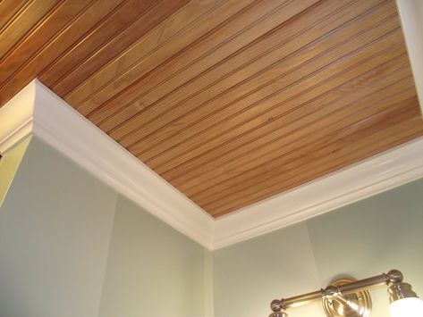 Wood planking on the ceiling is a country style must! Love it, but it's a ton of work! Mediterranean Ceiling Designs, Planked Ceilings, Stained Beadboard, Vinyl Beadboard, Wood Beadboard, Beaded Ceiling, Board Ceiling, Plank Ceiling, Beadboard Ceiling