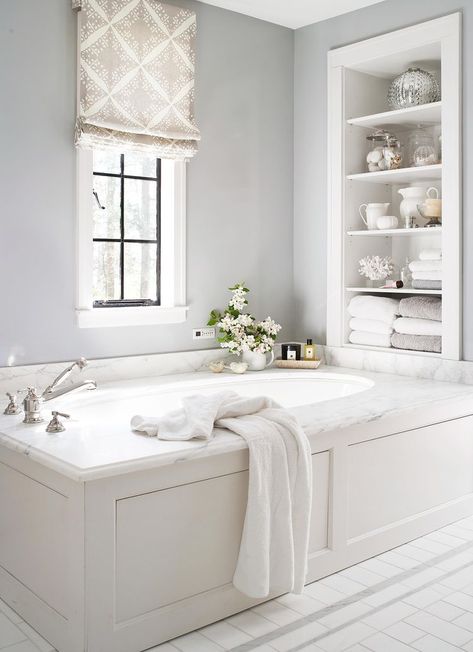 35 Smart Bathroom Storage Ideas to Get Your Space Organized Drop In Tub Ideas, Bathroom Furniture Ideas, Drop In Tub, Farmhouse Bathroom Design, White Bathroom Designs, White Tub, Tub Ideas, Master Bath Ideas, Tub Surround