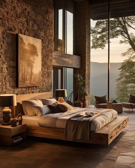 Wake up to the gentle embrace of a sunrise in this stone-inspired bedroom. Mountain Home Bedroom, Modern Country Bedrooms, Contemporary Mountain Home, Modern Rustic Bedrooms, Mountain Interiors, Wooden Bedroom, Country Bedroom, Home Decorating Ideas, Rustic Bedroom