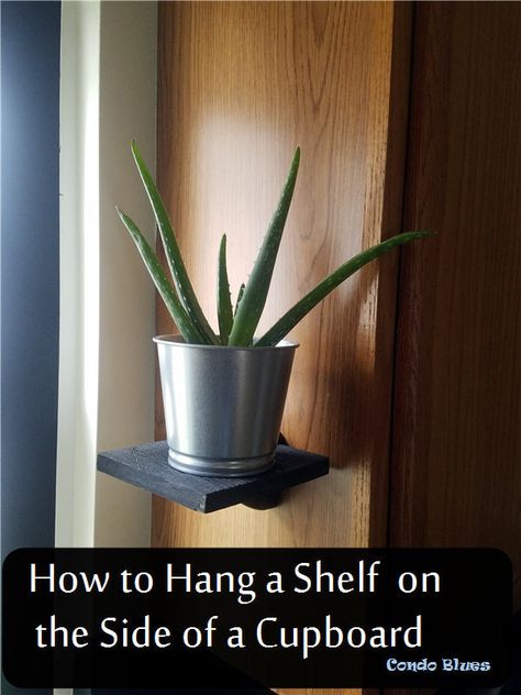 How to hang a shelf on the side of a kitchen cupboard or cabinet. A cool wine cork hack! #kitchenideas #hacks #winecork #ideas #decor #kitchen Kitchen Shelves For Plants, Plants On Side Of Kitchen Cabinet, Small Shelves On Side Of Kitchen Cabinet, Side Shelves On Kitchen Cabinets, Side Of Kitchen Cabinet Decor, Cabinet Side Shelves, Shelf On Side Of Cabinet, Shelves On Side Of Cabinet, Shelf On Side Of Kitchen Cabinet