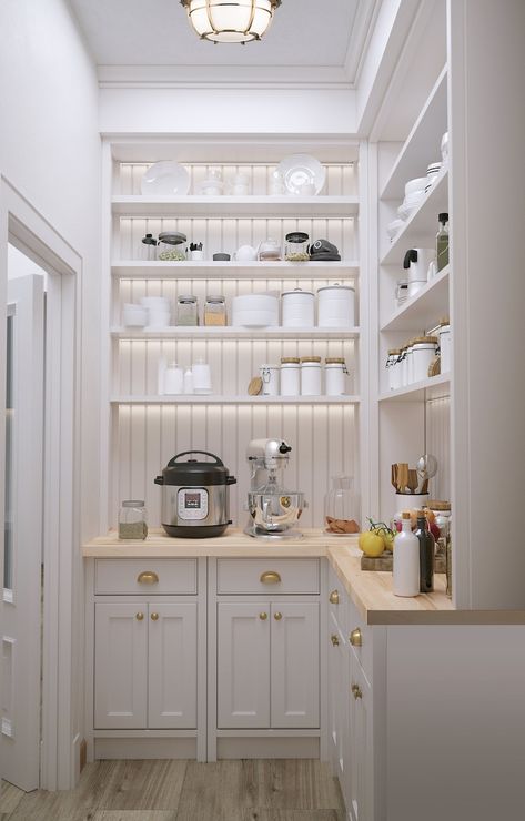 3D Kitchen Pantry Design, Interior Visualization, Pantry Renovation, Kitchen Pantry Remodel, Craftsman Design - Etsy Butler Pantry With Cabinets, Wine Pantry Ideas, Pantry With Broom Storage, Butler Pantry With Window, Small Pantry With Cabinets And Counter, Shiplap Pantry Walls, Small Pantry Room Ideas, Skullery Kitchen Pantries, Pantry Shelving Ideas With Window