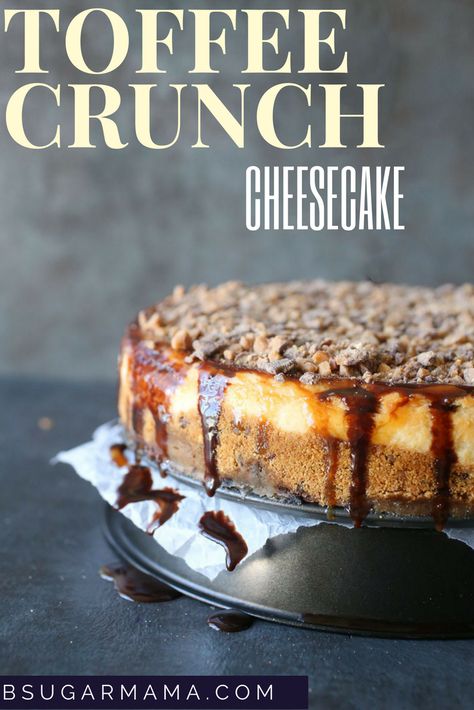 This Toffee Crunch Cheesecake recipe is covered in chocolate, caramel, and topped with lots of toffee pieces! This cheesecake recipe is sure to be your new favorite cheesecake! Toffee Crunch Cheesecake, Crunch Cheesecake, Toffee Crunch, Fudge Sauce, Beautiful Cake, No Sugar Foods, Chocolate Caramel, Cheesecake Recipe, Sheet Cake