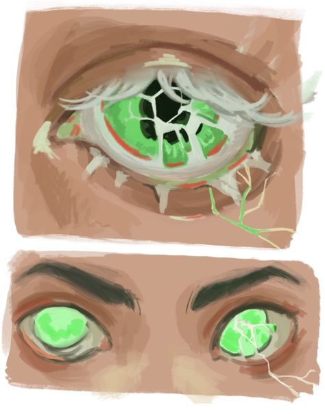 Doodle of an idea I had where Danny’s iris and pupil are shattered (in his ghost form most noticeably) on the side of his face where the electricity of the ghost portal initially struck the hand that… Ghosts Character Design, Oc Doodle Ideas, Glass Character Design, Glowing Eyes Drawing, Hands Over Face Reference, Oc Design Ideas Inspiration, Hands On Face Reference, Pupil Ideas, Oc Eyes Ideas