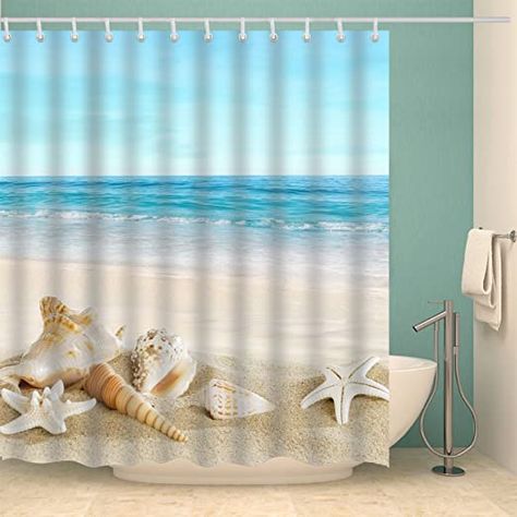 Beachy Shower Curtain, Seashell Shower Curtain, Nautical Curtains, Ocean Shower Curtain, Beach Shower Curtains, Cloth Shower Curtain, Beach Theme Bathroom, Beach Shower, Shower Rod