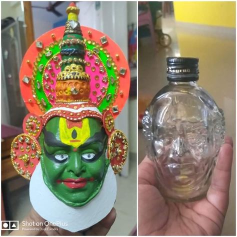 Old Monk Face Bottle Art, Bottal Craft Ideas, Bisleri Bottle Craft, Kathakali Face, Bottle Art Projects, Puppy Crafts, Mini Pottery, Pot Craft, Liquor Bottle Crafts