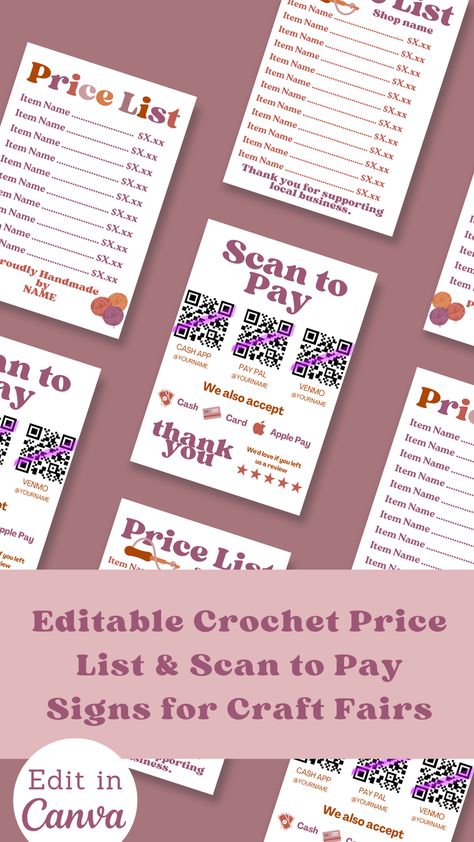 Save time & use the template to create your own Boho Price List and Scan to Pay Signs. Perfect for craft fairs, this editable and printable Canva template is a game-changer. Easily customize your prices, products, and your own QR codes. Then simply print and go. Craft your success with style! #CrochetBusiness #CraftFair #PriceListTemplate #Editable #Printable #CanvaDesign #Venmo #PayPal #ScanToPay #CrochetCrafts" Scan To Pay Sign, Scan To Pay, Price List Template, Crochet Business, List Template, Canva Design, Diy Signs, Small Business Tips, Qr Codes