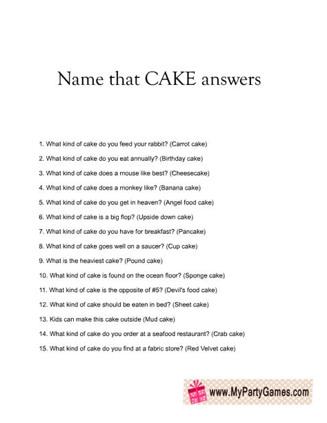 Name that Cake Bridal Shower Game Answer Sheet Name That Cake Game Answers, Name The Cake Game, Name That Cake Game, Name That Cake Bridal Shower Game, Housewarming Party Games, Cake Bridal Shower, Bridal Shower Games Prizes, Bridal Shower Games Funny, Play Quiz