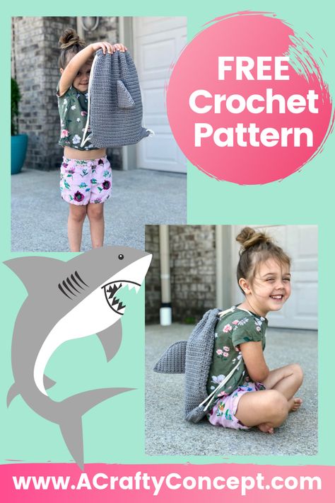 A Crochet Shark Backpack is the perfect bag for taking to pool parties, the beach, swimming lessons, the lake or anywhere else you want to arrive in style this summer! #SummerCrochetPattern Crochet Swim Bag, Crocheted Shark Pattern, Shark Backpack, Crochet Shark, Crochet Backpack Pattern, Swimming Lessons, Shark Pattern, Crochet Backpack, School Craft