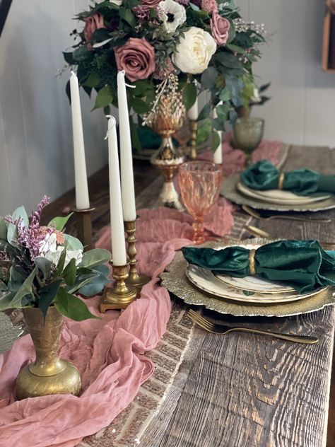 Dark Green Peach Wedding, Mauve Green And Gold Wedding, Sage Green And Pink Color Scheme, Eucalyptus And Blush Wedding Table Decor, Forest Green Dusty Rose Wedding, Emerald Green And Pink Birthday Party Ideas, Army Green And Pink Wedding, Rose And Emerald Green Wedding, Sage Green And Dark Pink Wedding