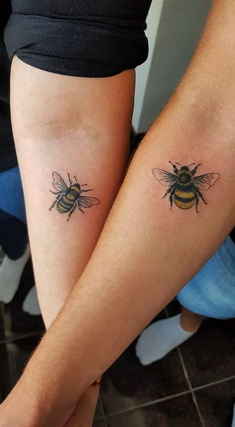 Bee and bumblebee, couples matching tatto Matching Bee Tattoo, Bumblebee Tattoos, Honey Bee Tattoo, Always Tattoo, Bumble Bee Tattoo, Matching Tats, Bee Tattoo, Matching Tattoos, Couple Tattoos