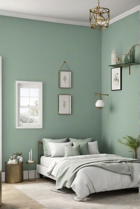 interior design,decorating interiors,designer wall paint,paint color match Pastel Green Home Decor, Green Paint Bedroom Walls, Pale Green Bedroom Ideas, Pastel Green Interior, Green Themed Bedroom, Teal Accent Wall Bedroom, Pastel Green Wall, Halcyon Green, Green Wall Paint Colors