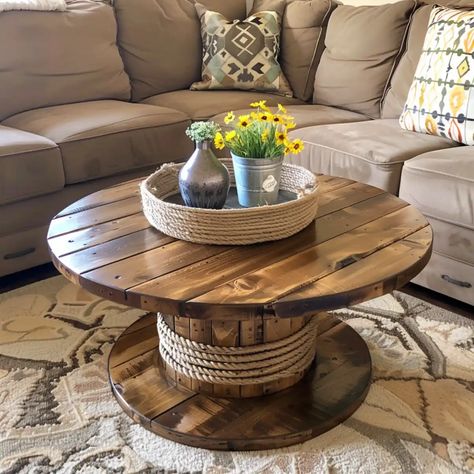 Rustic Wooden Spool Coffee Table Wood Cable Spool Ideas, Wire Reel Coffee Table, Wooden Spool Coffee Table, Diy Spool Table, Spool Table Ideas, Spool Coffee Table, Wire Spool Ideas, Wood Spool Tables, Wire Spool Tables