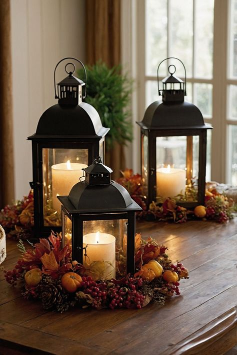 Achieve an elegant holiday look with these 25 Thanksgiving home decor ideas. Incorporate classic elements, refined centerpieces, and tasteful accents to elevate your space. #ElegantHome #ThanksgivingDecor Lantern Arrangement Ideas, Latern Decor Ideas, Indoor Lantern Decor Ideas, Fall Lantern Decor Ideas, Latern Decor, Indoor Lanterns Decor, Fall Lantern Centerpieces, Lantern Decor Ideas, Fall Lantern Decor