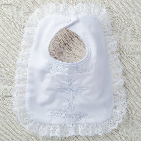 All of a baby's basic needs and more are met in this,, embroidered, cotton bib. The cotton blend broadcloth front is backed with 100 percent cotton flannel fabric, which makes it a very usable bib. It will continue to wear and wash beautifully and coordinate with a multitude of Christening outfits and other clothing. Features the phrase "God Bless" above the cross. Any name is embroidered in white thread for a one-of-kind bib. Christening Outfits, Decor School, Baby Bandana Bibs, Christening Outfit, Girl Christening, Bandana Baby, Basic Needs, Baby Burp Cloths, Heirloom Sewing