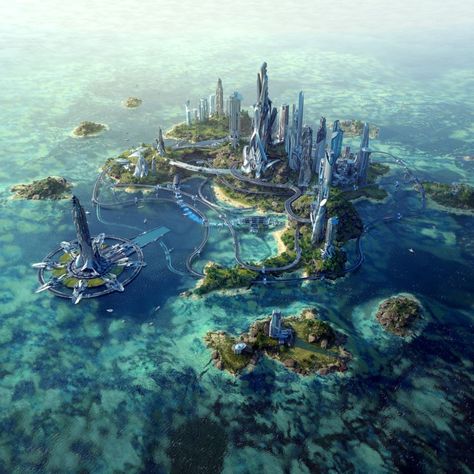 Urban City Design, Floating City Fantasy Art, Villain Building, Island Civilization, Water Planet, Zed League Of Legends, Artificial Island, Sci Fi Landscape, Sci Fi City