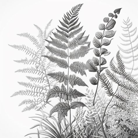 Premium Photo | A drawing of a forest scene with ferns and other plants generative ai Ferns Drawing, Drawing Of A Forest, Fern Drawing, Fern Illustration, Forest Sketch, Fern Forest, Wood Burning Crafts, Image Icon, Nature Tattoos