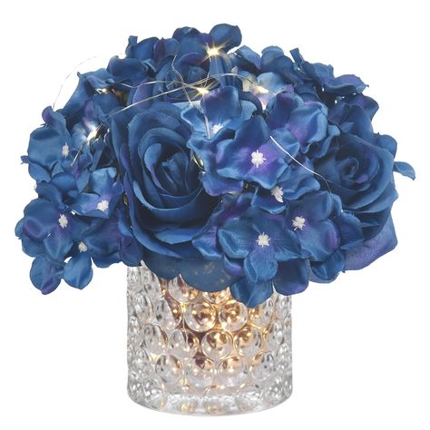 PRICES MAY VARY. Artificial flowers with LED light (2 AA batteries not included): The flower arrangements in the vase include five silk roses and some hydrangea flowers, and decorative bubble design on the vase to make a unique design. LED lights can decorate your home, light up dark areas, and shine brightly. Make the environment very romantic. look so beautiful. Realistic & Elegant: Flowers is made of premium quality silk, so the elegant nearly natural rose look feels like those of fresh flowe Navy Blue And Purple Centerpieces, Midnight Blue Centerpieces, Silver And Navy Blue Centerpieces, Blue Black And Silver Centerpieces, Small Navy Blue Flower Centerpieces, Navy Blue And Purple Wedding Theme, Navy Blue Wedding Centerpieces, Blue Halloween Decor, Bathroom Table