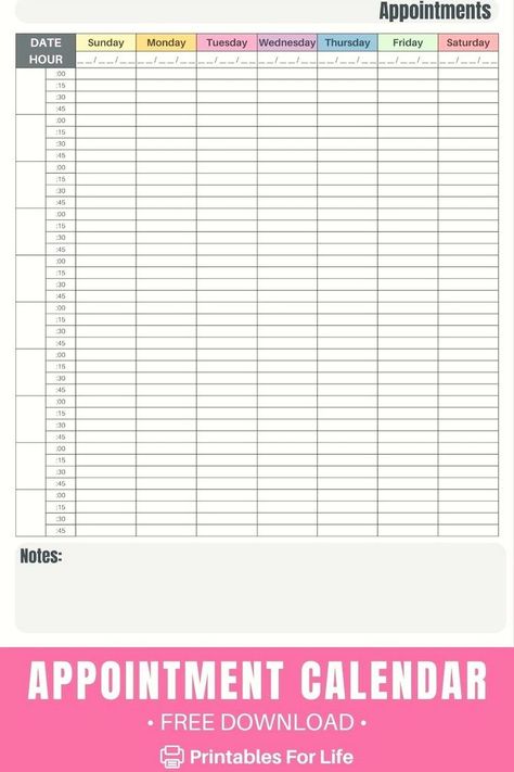 Organize your jam-packed week with this free, printable weekly appointment planner. The flexible, customizable format allows you to set your own business hours, and the 15-minute time slots give you plenty of room to detail your meetings, classes, and daily commitments. Great for busy professionals, work-from-home individuals, and anyone with a fluctuating schedule. Hour By Hour Schedule, Hourly Schedule Printable Free, Good Notes Daily Planner, Daily Appointment Planner, Free Weekly Calendar, Weekly Appointment Planner, Schedule Printable Free, Time Blocking Printable, Time Blocking Schedule