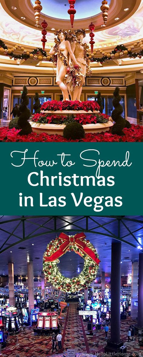 How to Spend Christmas in Las Vegas! Will you be in Las Vegas for the holidays and are wondering what to do? These are the best things to do in Las Vegas at Christmas time, in November or December. Enjoy lots pictures of Las Vegas Christmas decorations from trees to lights at the different casinos on the Las Vegas Strip, plus many Las Vegas tips: how to see it all, where to eat, where to shop, where to stay + more! | Hello Little Home #LasVegas #thingstodoinlasvegas #christmasinlasvegas #vegas Vegas At Christmas, Christmas In Las Vegas, Vegas Christmas, Vegas Tips, Christmas In La, Las Vegas Tips, Las Vegas Christmas, Las Vegas Vacation, Vegas Vacation