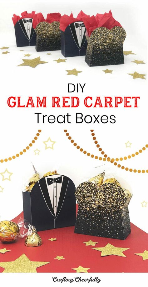 Create these glam red carpet treat boxes for your awards show viewing party! Red Carpet Glam Party, Red Carpet Party Favors, Red Carpet Event Decorations, Hollywood Party Favors, Red Carpet Party Decorations, Grad Themes, Prom Party Favors, Hollywood Red Carpet Party, Red Carpet Sweet 16