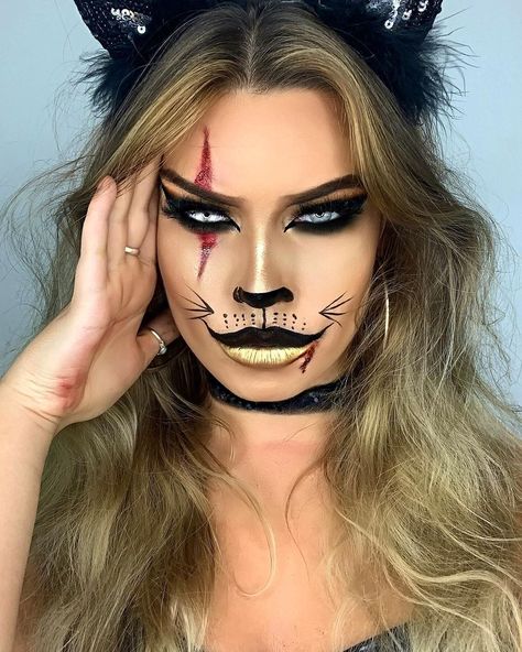 Cat Makeup For Kids, Nem Halloween Makeup, Catwoman Makeup, Cat For Halloween, Double Dress, Beautiful Halloween Makeup, Spooky Makeup, Cat Costume Diy, Cat Halloween Makeup