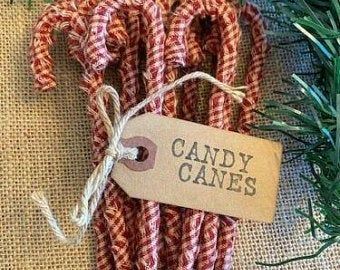 Fabric Candy Canes, Primitive Christmas Ornaments, Fabric Candy, Farmhouse Ornaments, Handmade Candy, Homespun Fabric, Primitive Crafts, Handmade Tags, Check Fabric