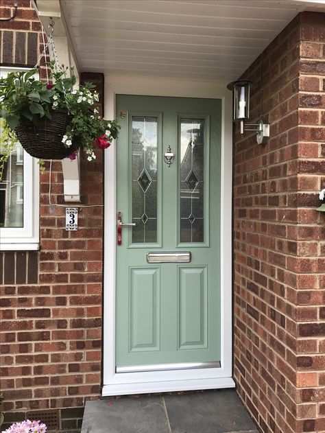 Love my Chartwell Green front door #composite #heritage Pastel Green Front Door, Chart Well Green Front Door, Safe Green Front Door, Green Front Door Ideas, Sage Green Front Door Brick House, Brick House Entrance, Green Front Door Brick House, Green Doors Front Entrance, House Doors Front Entrance