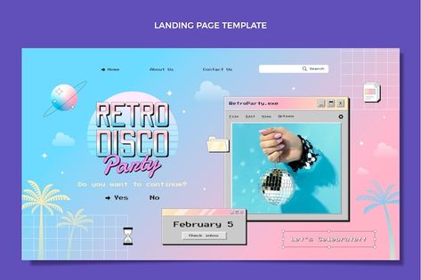 Retro Vaporwave, Unique Web Design, Vector Gradient, Interactive Media, Website Design Layout, Website Layout, Graphic Design Tips, Disco Party, Page Template