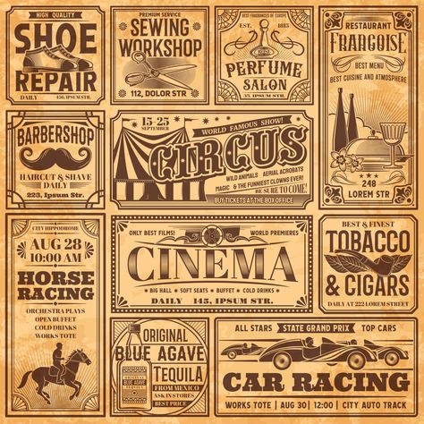 Download the Vintage newspaper banners, old retro advertising 21630111 royalty-free Vector from Vecteezy for your project and explore over a million other vectors, icons and clipart graphics! Vintage News Paper, Stare Reklamy, Wine Outfit, Old Advertising, Newspaper Advertisement, Clowns Funny, Banner Ideas, Vintage Newspaper, Perfume Store