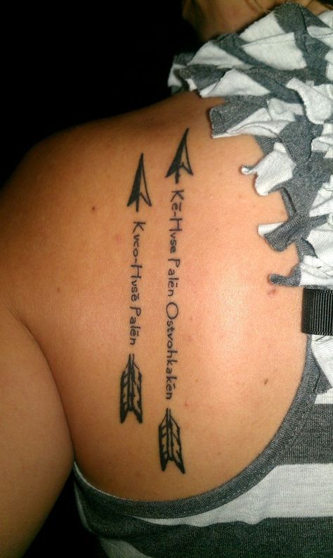 My new tattoo! My children's Birthdays in Creek/Muscogee. :) Arrow Native Tattoo Native American Friendship Tattoo, Native Arrow Tattoo, Muscogee Creek Indian Tattoo, Indian Tattoo Ideas, Native Bow And Arrow Tattoo, Mohawk Tribe Tattoo, Creek Indian Tattoo, Creek Tribe, Indian Tattoo Design