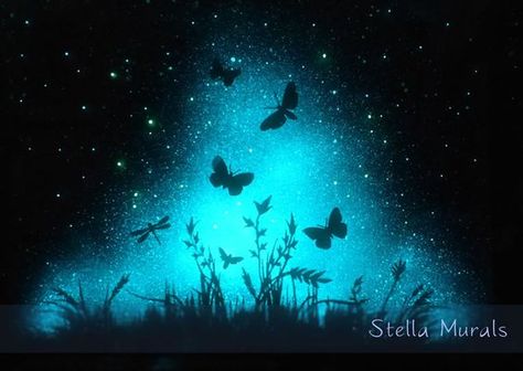 Glow In The Dark Wall Art, Glow In The Dark Painting Ideas, Night Sky Drawing, Glowing Butterflies, Glow Painting, Dark Painting, Glow In The Dark Paint, Star Poster, Dark Stars