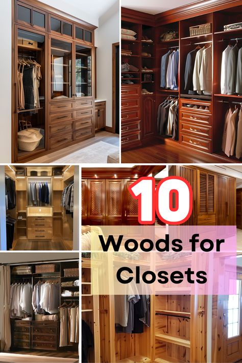 Find the perfect wood for your closet projects with our guide to the most durable and visually appealing options. From cedar to mahogany, discover which woods offer the best benefits for wardrobe storage. Click for expert recommendations! #ClosetDesign #WoodChoices #HomeImprovement #DIYProjects #InteriorDesign Cedar Master Closet, Natural Wood Walk In Closet, Mahogany Wood Projects, Dark Wood Closet, Wood Closet Shelves, Dark Wood Bedroom, Wood Closet Systems, Master Closet Design, Selfie Challenge