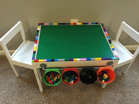 Lego table station I made for my son. Great for motor planning, sorting, counting and best of all to keep all of the little pieces in one place!! Latt childrens table- Ikea Bygel containers- Ikea Bygel rod- Ikea Ikea Latt Lego Table, Lego Play Table, Lego Tables, Lego Table Ikea, Lego Desk, Fast Driving, Lego Table Diy, Table Ikea, Motor Planning