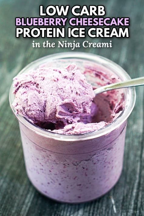 For a delicious keto treat using your Ninja Creami ice cream machine, try this keto blueberry cheesecake ice cream. Not only is it low carb and sugar free, but it's also high protein. So if you have a sweet tooth, this blueberry protein ice cream will be sure to satisfy your cravings! Each serving has just 7 grams net carbs and 13.7 grams protein! Low Carb Ice Cream Ninja Creami, Blueberry Sorbet Ninja Creami, High Protein Low Sugar Ninja Creami Recipes, Blueberry Ninja Creami, Blueberry Ice Cream Ninja Creami, Blueberry Ninja Creami Recipes, High Protein Ice Cream Ninja Creami, Dmso Cream Recipe, Keto Creami Recipes