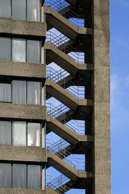 BARBICAN ESTATE | CITY OF LONDON | LONDON | ENGLAND: *Built: 1965-1976; Officially Opened: 1969; Architects: Chamberlin, Powell and Bon; Grade II Listed* Photo:  mira66, via Flickr Fire Escape Stairs, Barbican Estate, Barbican London, Brutalism Architecture, Exterior Stairs, Tower Block, London Architecture, Fire Escape, City Of London